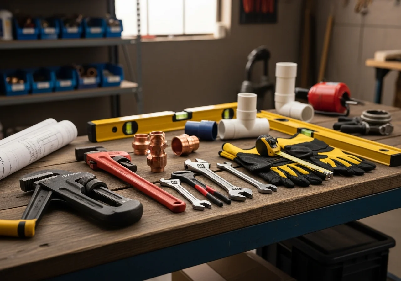 Plumbing tools and equipment arranged on a work surface, representing the trade services offered.