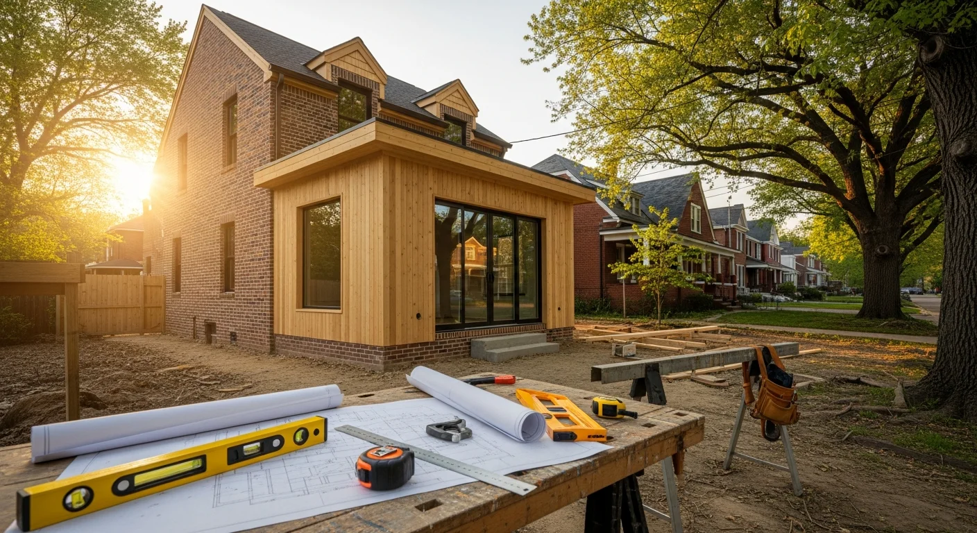 General contractor team reviewing barndominium construction plans on job site in Louisville