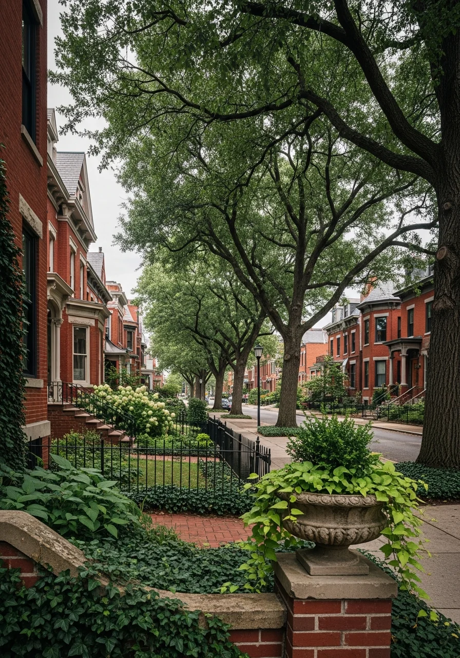 Residential street in Louisville's Highlands neighborhood with Victorian-era homes and mature trees lining the block.