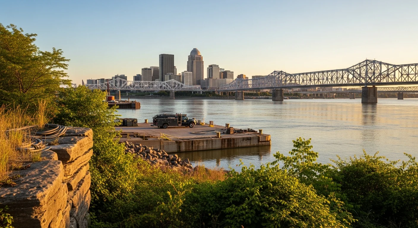 Louisville skyline and Ohio River waterfront with historic bridges and downtown architecture visible across the water.