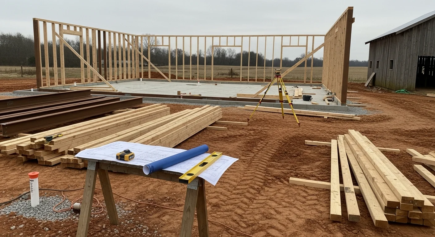 A newly completed barndominium on a rural Louisville, KY property, showing a metal roof, wide garage doors, and an attached covered porch. The structure sits on a cleared lot with open land visible in the background.