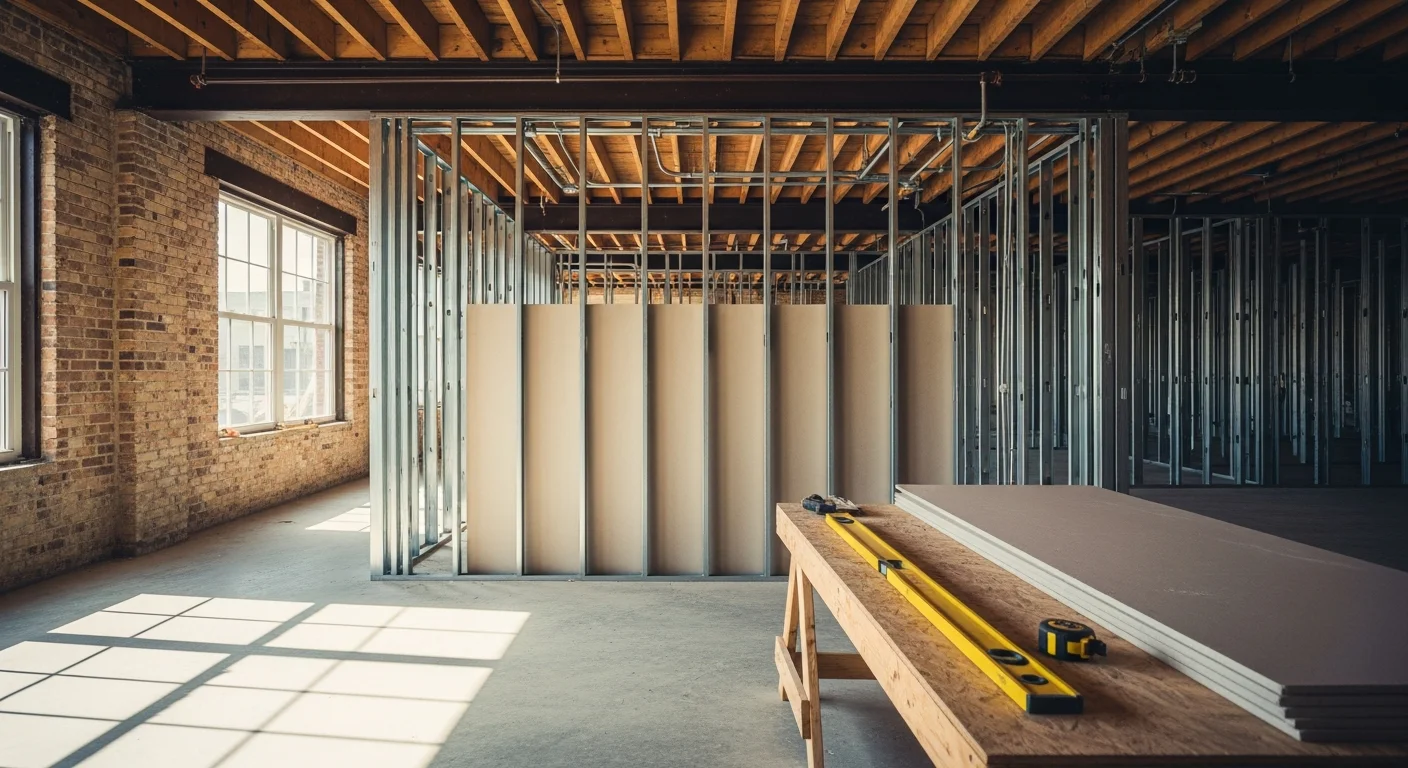 Finished commercial build-out interior in a Louisville, KY office suite showing framed walls, installed ceiling grid, and completed flooring ready for tenant occupancy. General contractor Primera Services completed the space from shell condition to move-in ready.