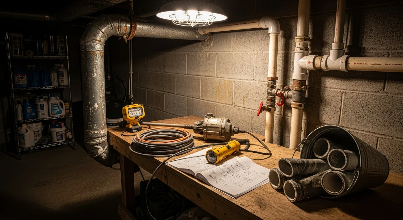 A plumber inspecting an exposed drain pipe beneath a kitchen sink in a Louisville, KY home. The pipe shows visible mineral scale buildup consistent with hard water conditions common in Jefferson County.