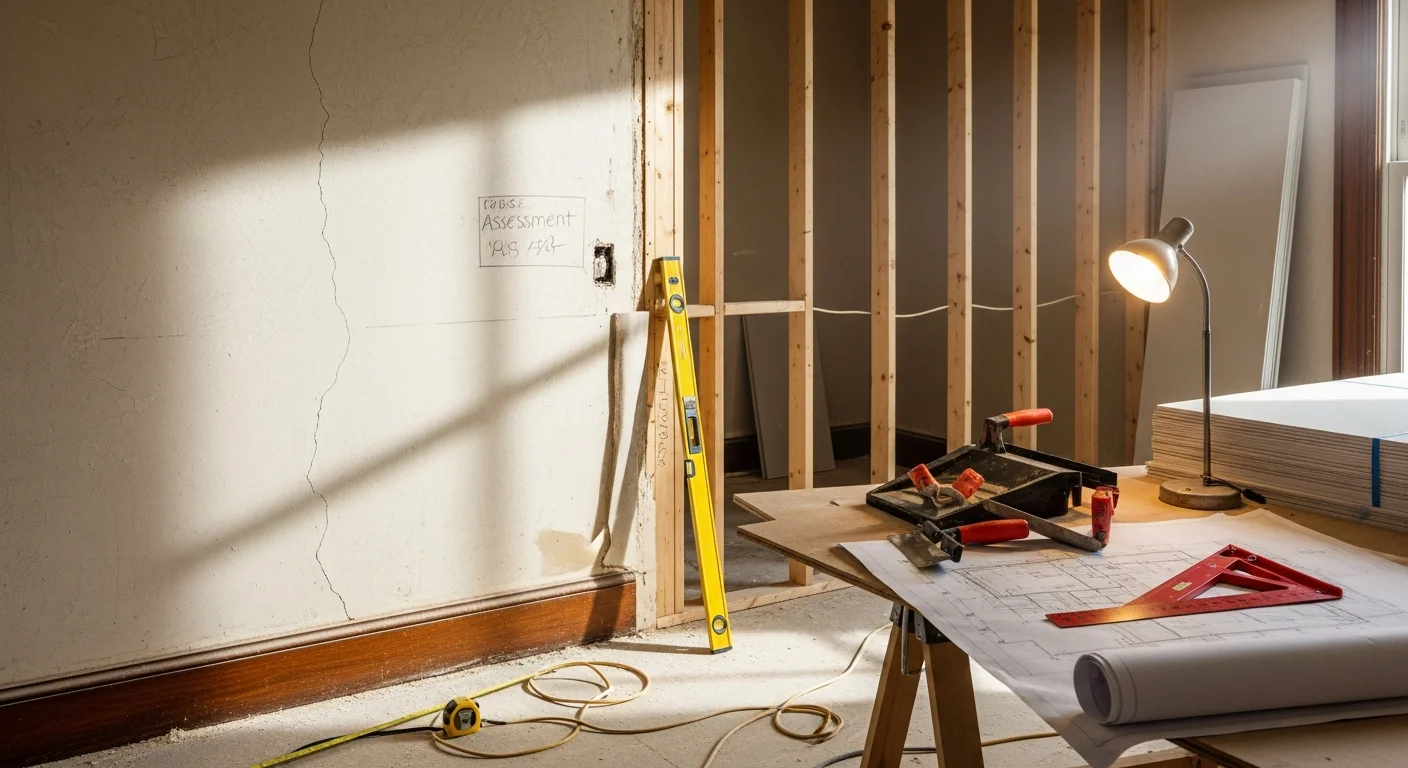 A Louisville, KY home interior mid-renovation showing updated flooring, freshly framed walls, and new window installations in progress. A sole proprietor general contractor reviews the work scope on-site in a residential setting typical of Louisville's established neighborhoods.
