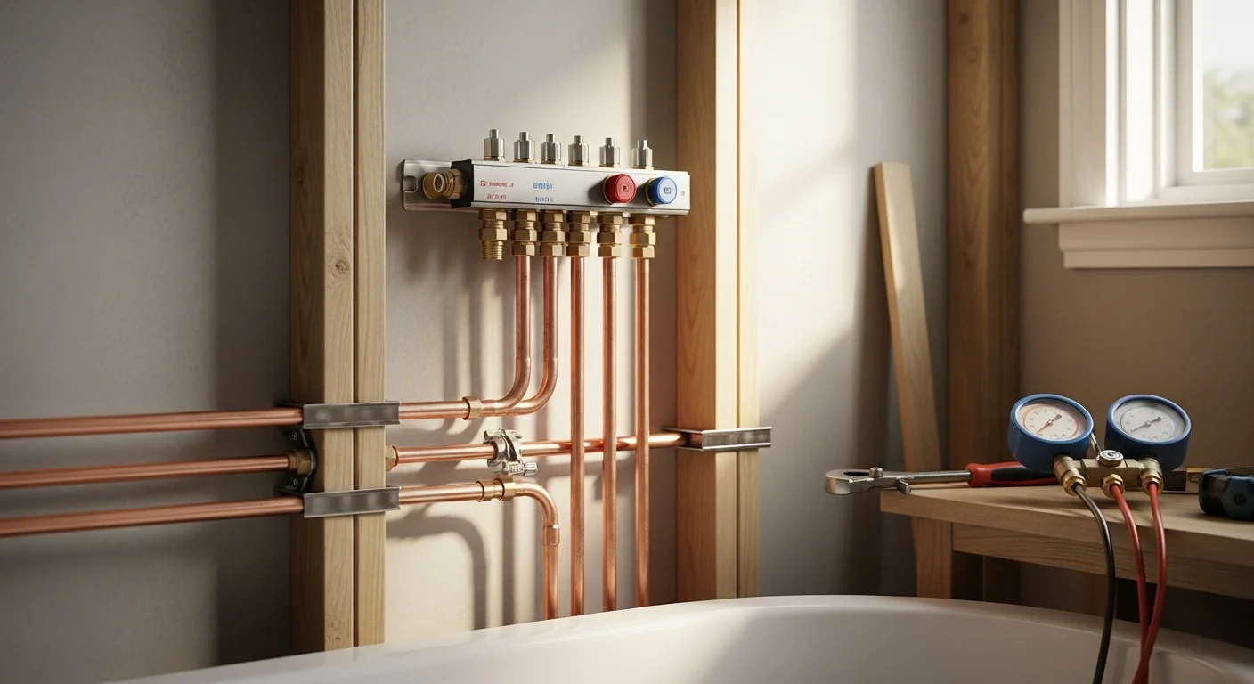 A licensed plumber installing new water supply lines beneath a kitchen sink in a Louisville, KY home. Copper pipe connections are visible against an open cabinet interior with finished cabinetry above.