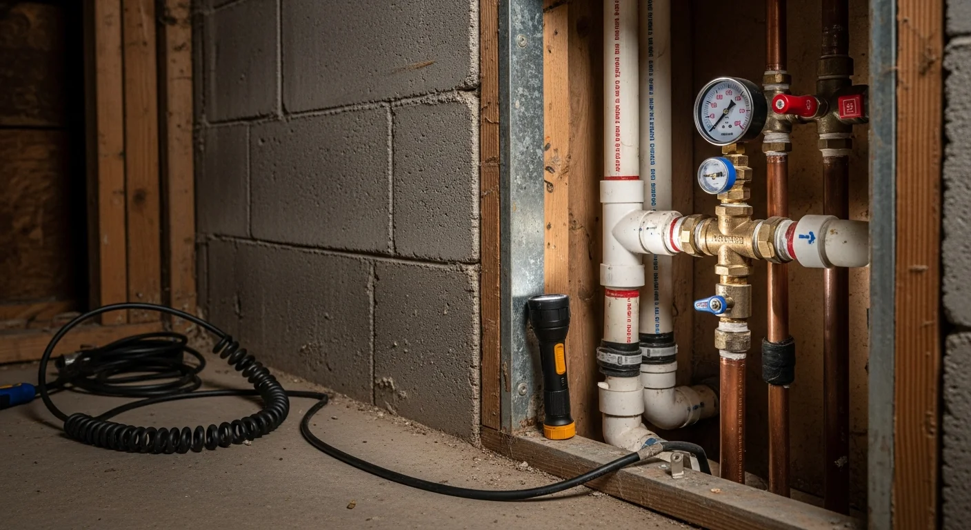 A plumber inspecting under-sink pipe connections and shutoff valves inside a Louisville, KY home during a routine plumbing maintenance visit. Close-up view shows copper supply lines and drain fittings being checked for corrosion and leaks.