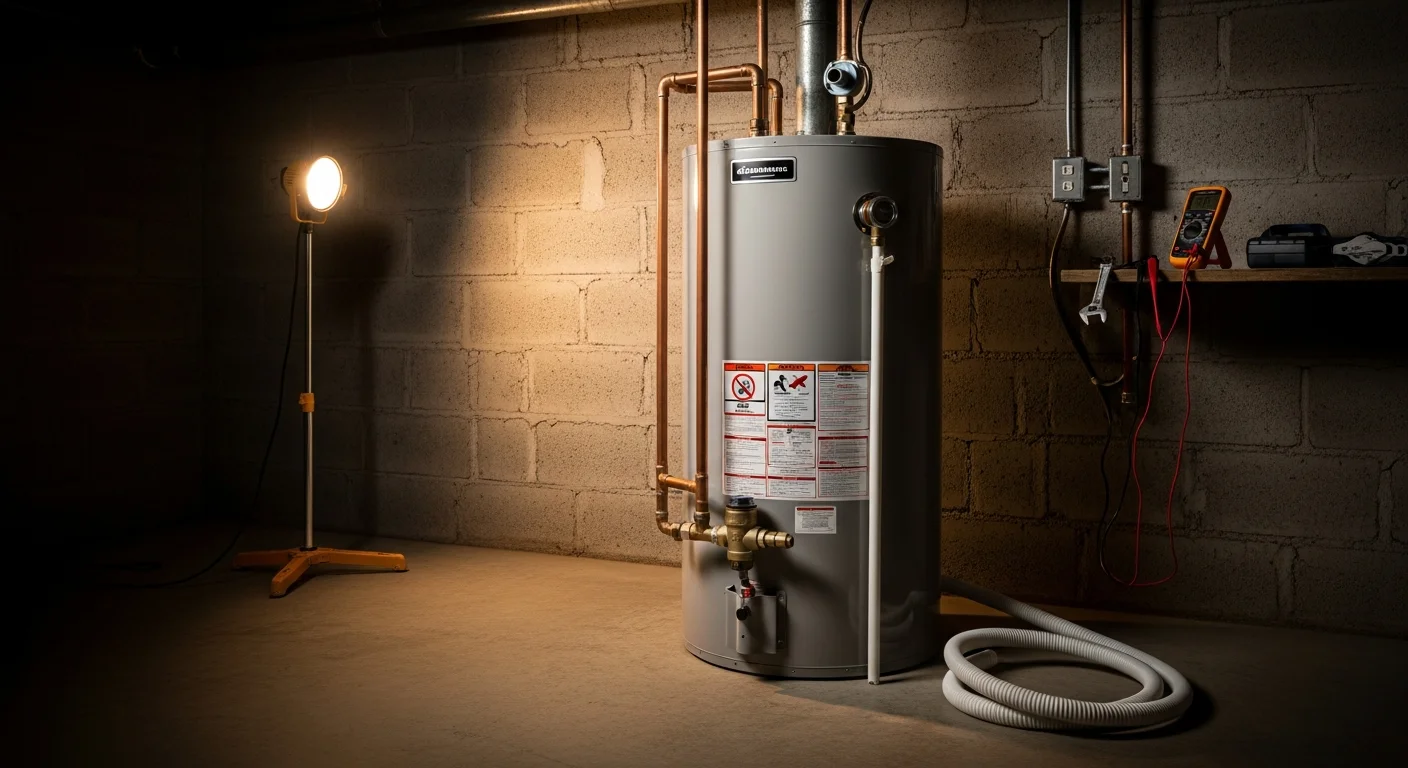 A licensed plumber from Primera Services completing a water heater installation in a Louisville, KY home utility closet. The new tank unit is connected to gas and water lines with all fittings secured and ready for testing.
